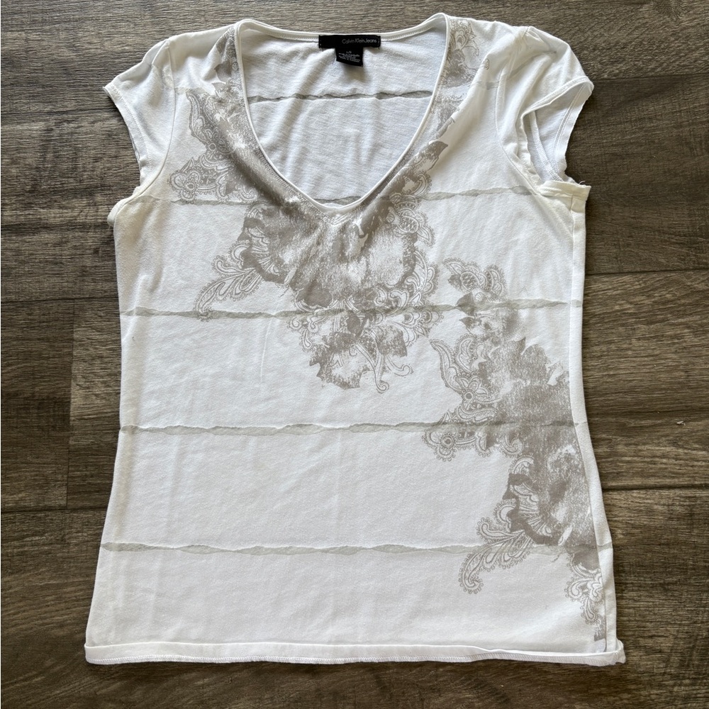Calvin Klein White and Gray Floral Graphic Tee